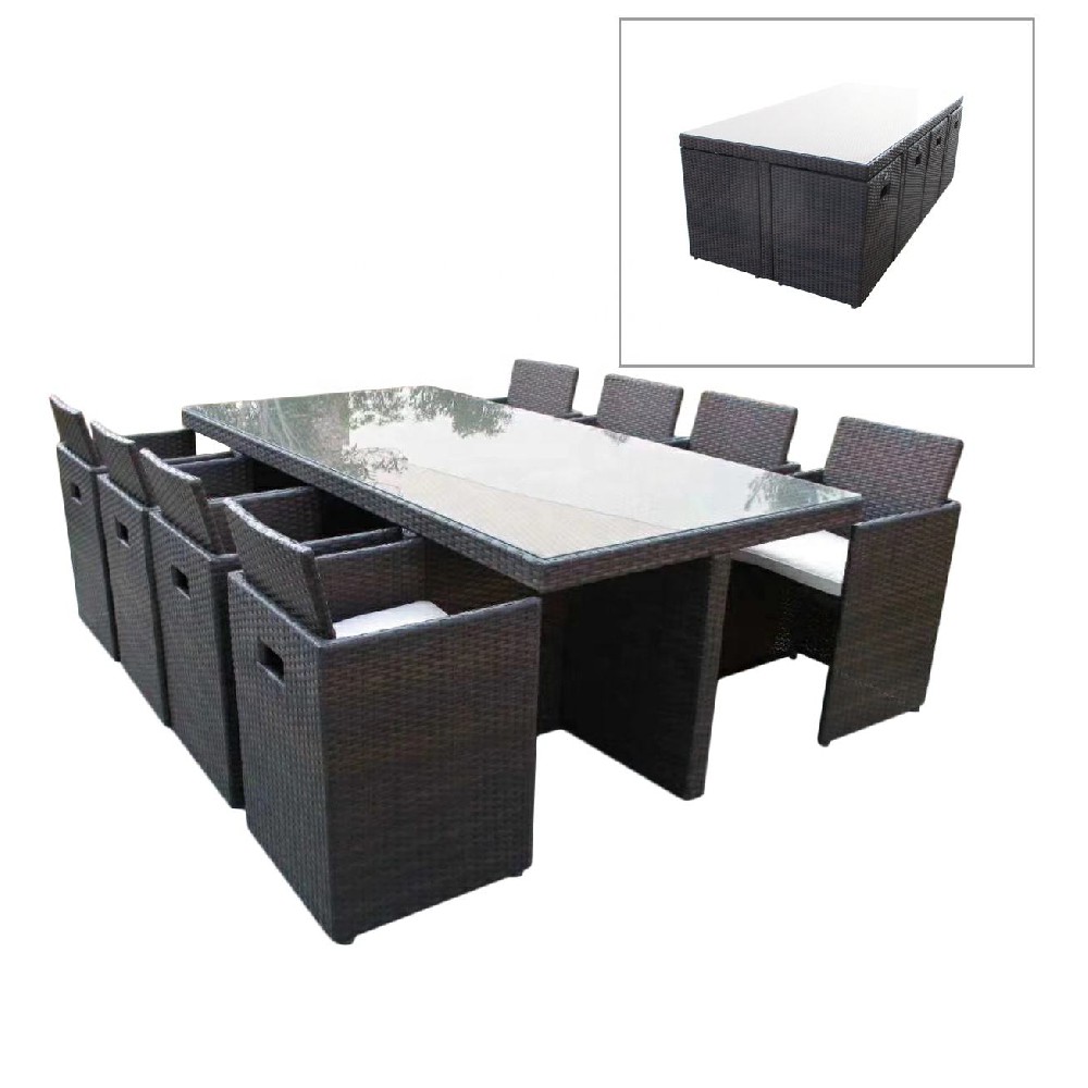 Outdoor Space Saving 9 Pieces 8 Seater Rattan Wicker Sectional Dining Patio Garden Furniture Cube Set Dining Table Chair Set