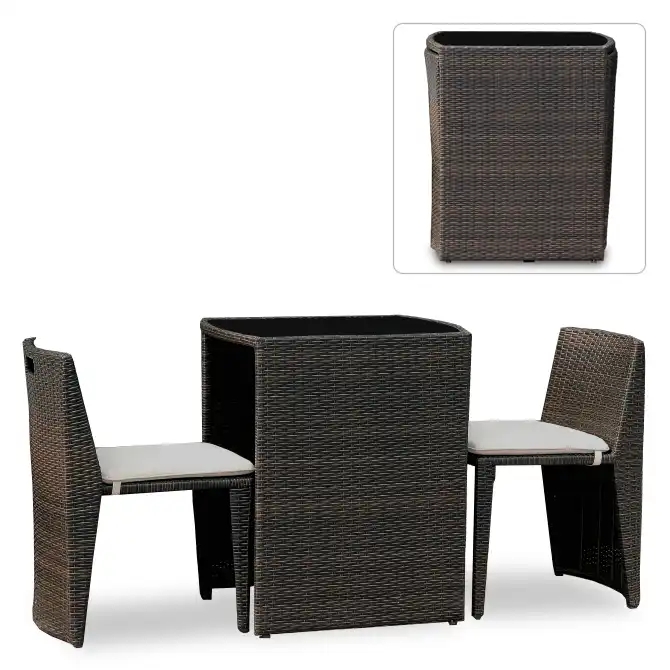 3 Piece Cushioned PE Rattan Wicker Outdoor Balcony Garden Patio Bistro Set