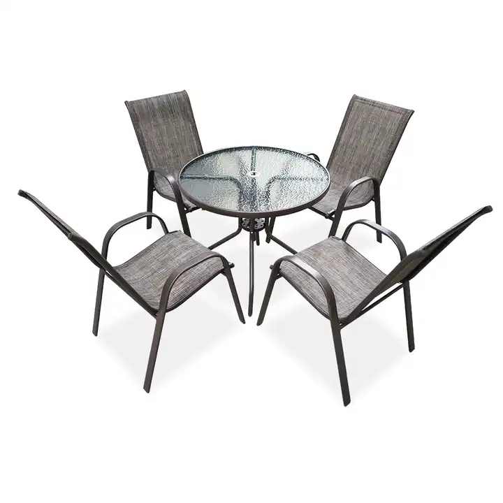 Cheap World Source International 5 Piece Metal Outdoor Cafe Terrace Garden Patio Furniture Set Round Patio Table and Chairs