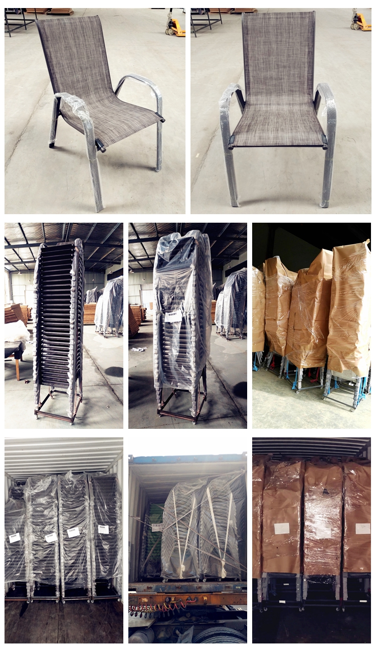 Outdoor Cheap Modern Metal Steel Iron Sling Textilener Teslin Stackable Stacking Arm Terrace Bistro Patio Chairs Garden Chair