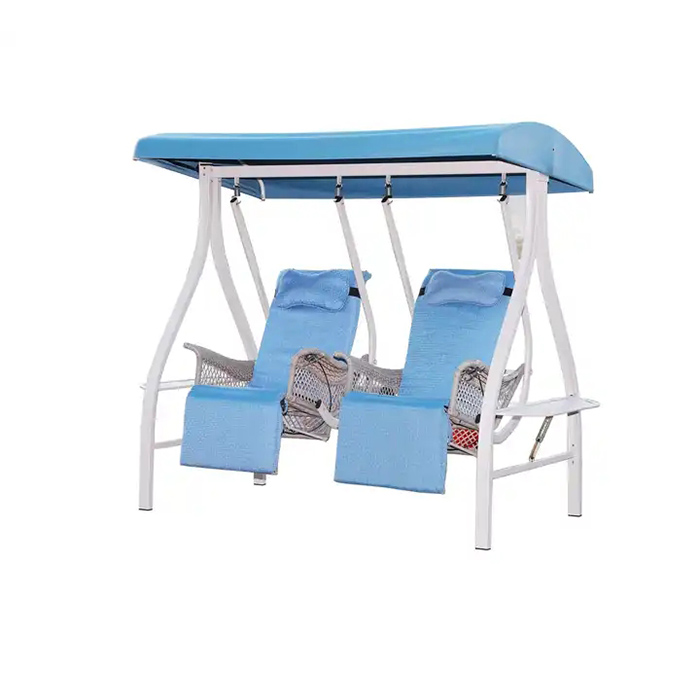 Outdoor two-person rocking chair with small side table with adjustable backrest swing luxury PE rattan swing chair