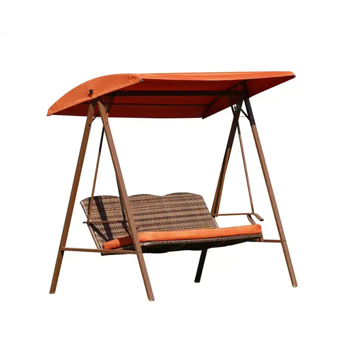 Outdoor three-person steel rocking chair with cushion with sunshade swing luxury PE rattan swing chair